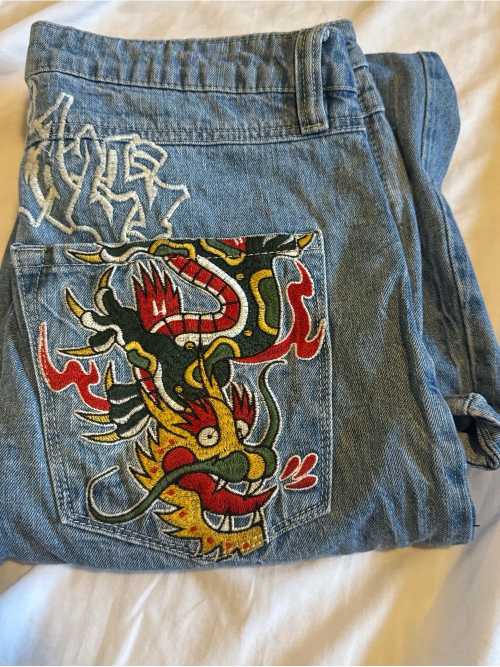 Ambush Light Blue Relaxed Denim Pants with Flame Patch